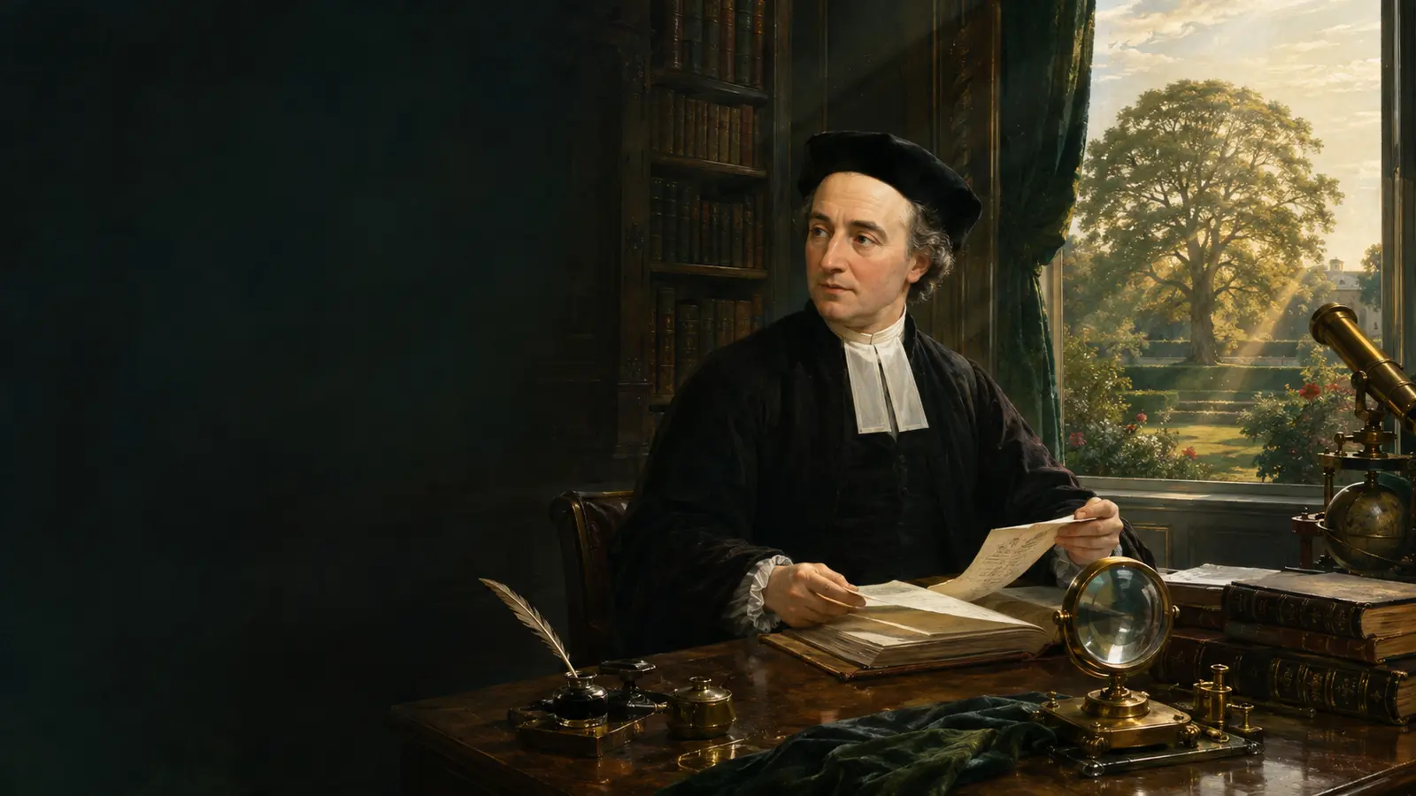 George Berkeley nello studio: una lente sul tavolo, un albero nel giardino e una luce stabile suggeriscono percezione, oggetto e continuità del reale.