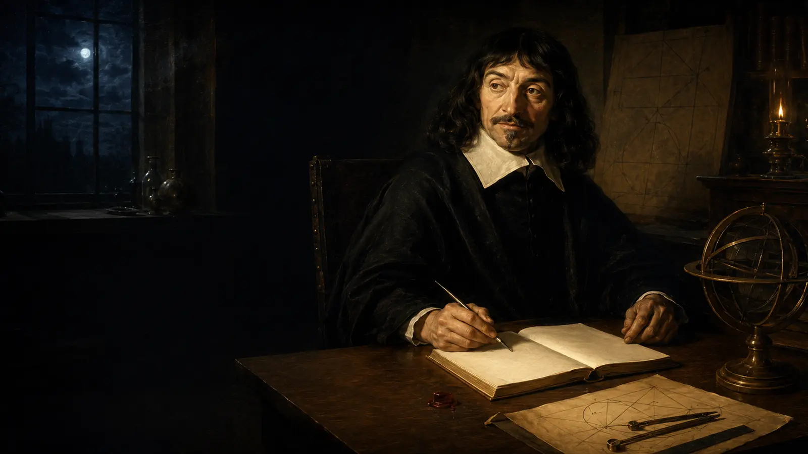 Cartesio in uno studio seicentesco: la notte oltre la finestra, il volto illuminato e gli strumenti geometrici evocano dubbio, cogito e metodo.