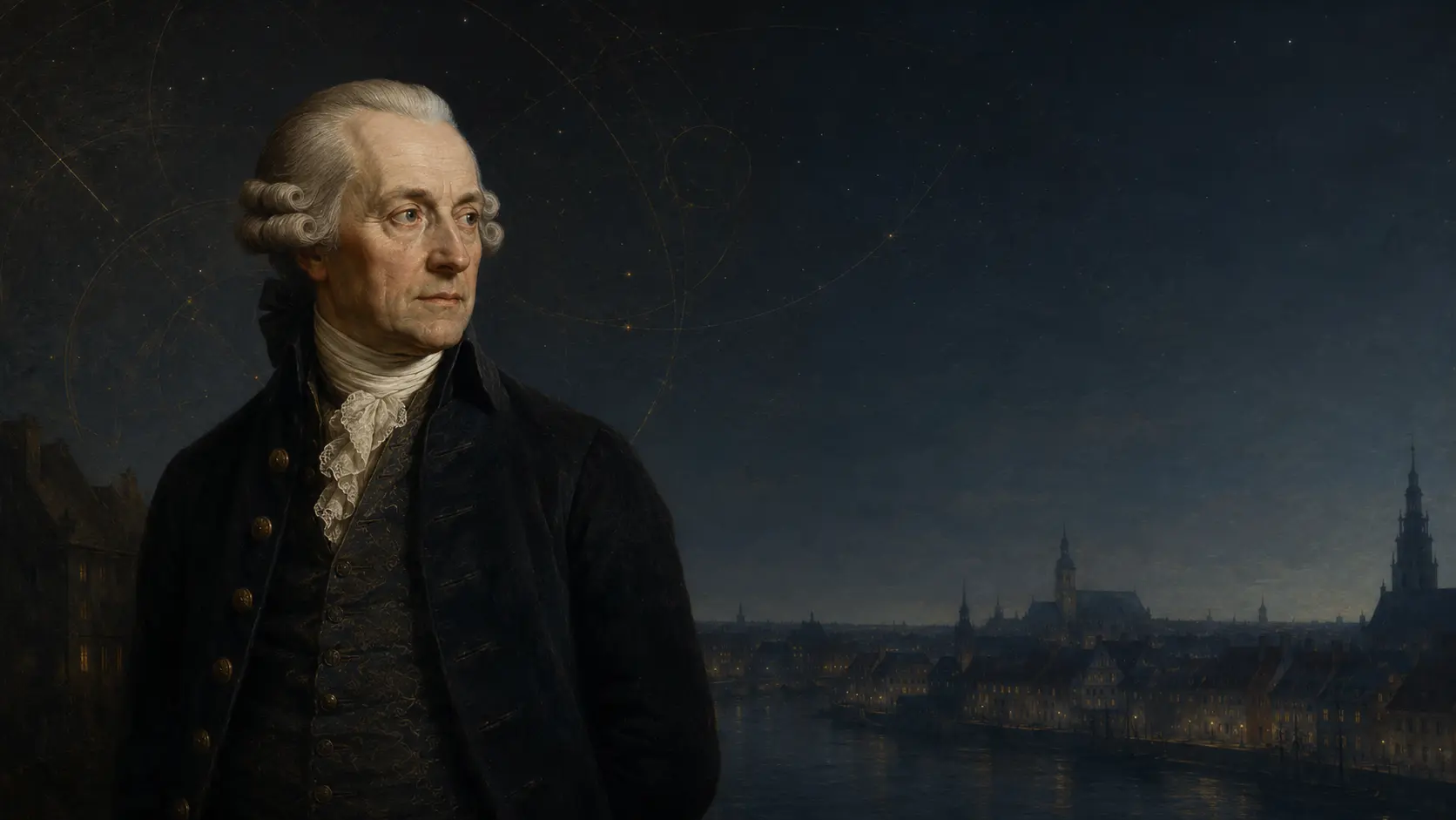 Immanuel Kant davanti a Königsberg sotto un cielo stellato attraversato da geometrie dorate.