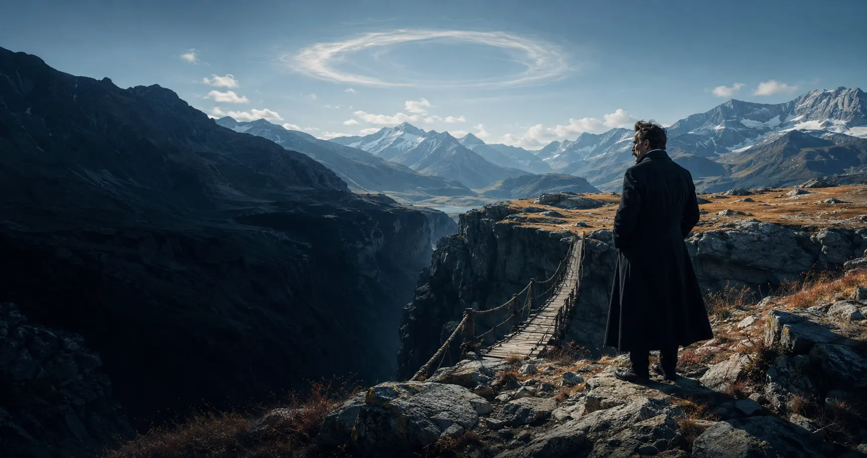 Un pensatore solitario osserva un ponte di corde sospeso sopra un abisso nell’alta valle di Sils-Maria; nel cielo, un anello di nubi suggerisce il ritorno dell’uguale.