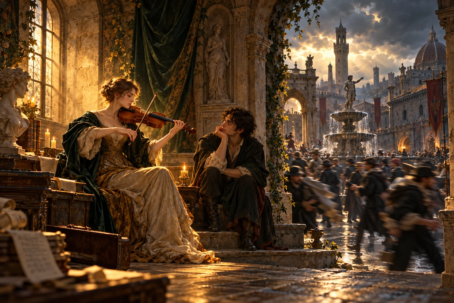 L’ascolto della musica interrompe l’urgenza del fare mentre la folla continua a muoversi. La quiete della contemplazione trasforma temporaneamente l’attenzione, senza arrestare il mondo o promettere una liberazione definitiva.