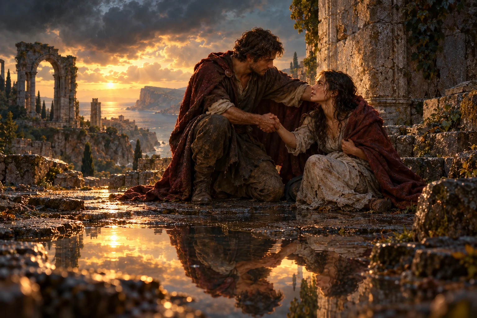 Il mantello condiviso, lo sguardo e la mano offerta trasformano il riconoscimento in aiuto concreto. Due persone restano distinte, ma la sofferenza dell’una non è più estranea all’altra.
