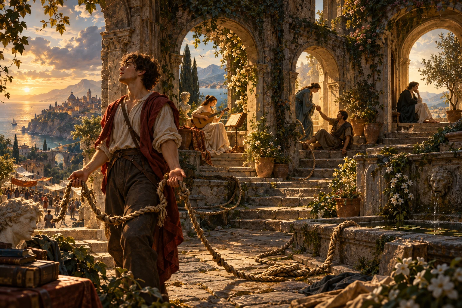 La corda allentata introduce tre scene: contemplare, aiutare, raccogliersi nella rinuncia. Sono risposte con funzioni differenti; il movimento del mondo continua e il problema riguarda il nostro rapporto con esso.