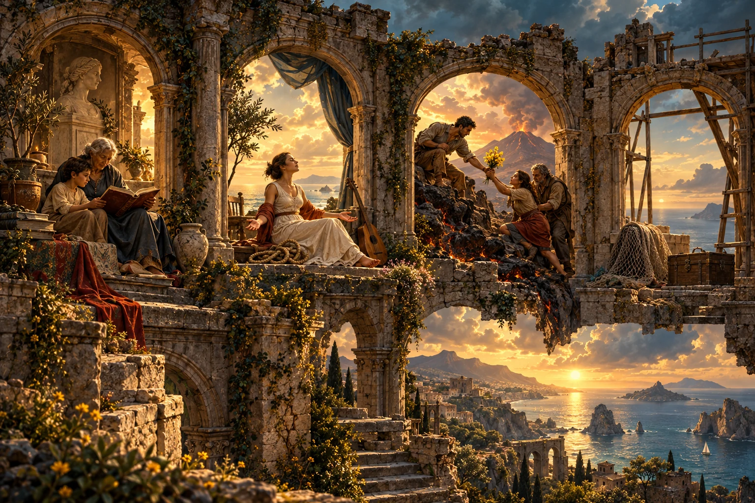 Tre spazi evocano memoria e poesia, trasformazione del rapporto con il volere e solidarietà. Il quarto arco rimane incompiuto: il confronto con Verga è un lavoro futuro, da costruire attraverso i testi, non una risposta già stabilita.