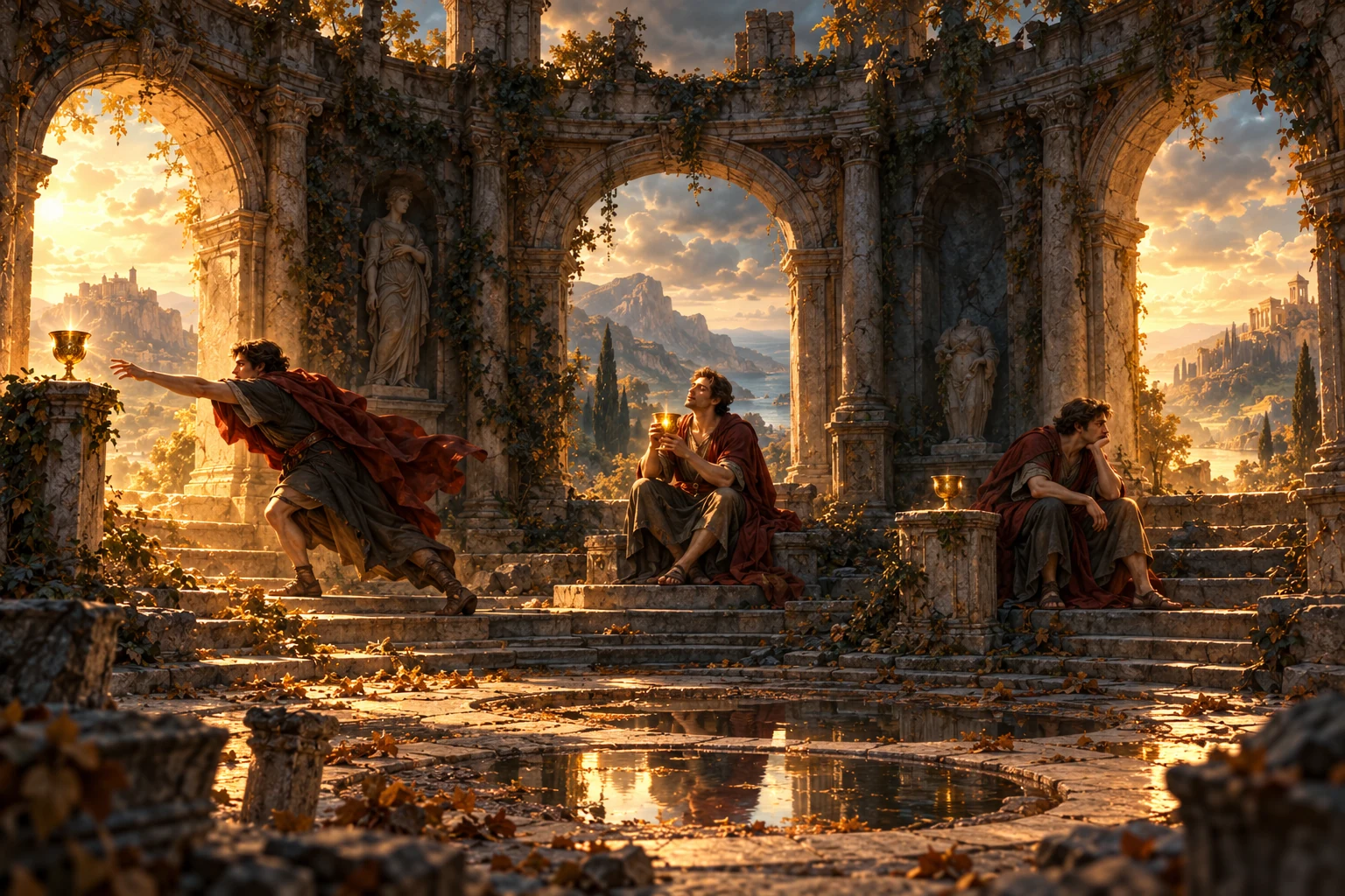 La figura ricorre in tre momenti: tende verso la coppa, la possiede, poi avverte di nuovo il vuoto. La soddisfazione conclude un bisogno particolare, ma non spegne il desiderare.