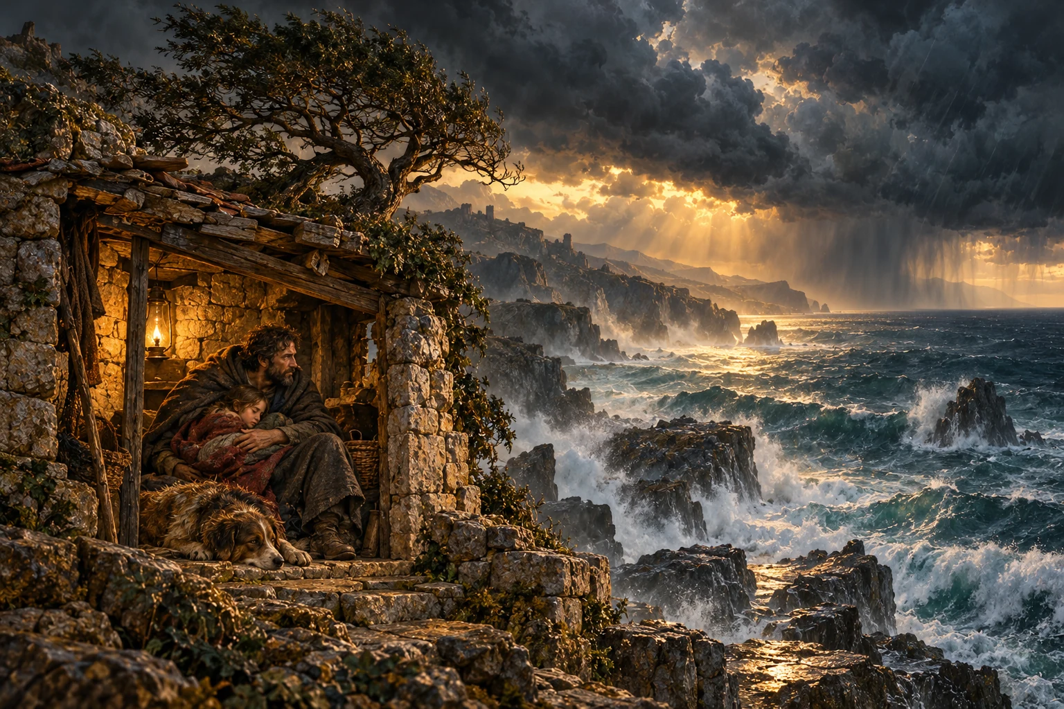 Un adulto, un bambino e un animale cercano riparo davanti all’immensità del mare. La loro vulnerabilità non è una colpa e il paesaggio non è un nemico cosciente: la scena interroga un mondo che non garantisce la felicità dei viventi.