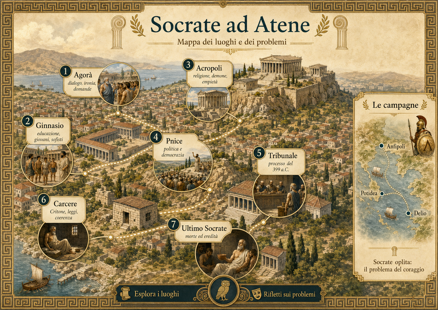 Mappa illustrata di Atene con sette tappe: Agorà, Ginnasio, Acropoli, Pnice, Tribunale, Carcere e Ultimo Socrate; a destra le campagne militari.