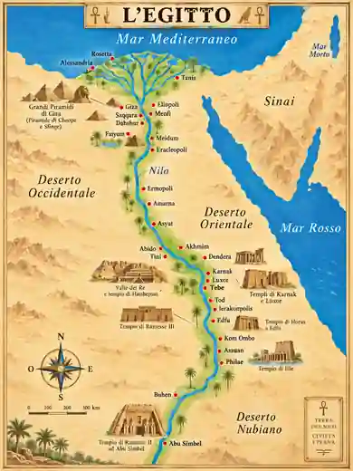 Cartina dell'Egitto antico lungo il Nilo