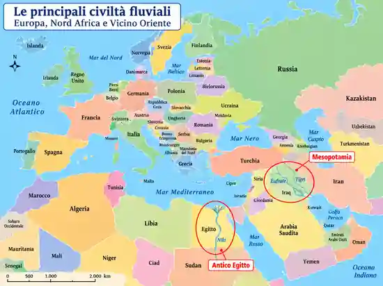 Cartina attuale di Europa, Nord Africa e Vicino Oriente con Mesopotamia ed Egitto evidenziati