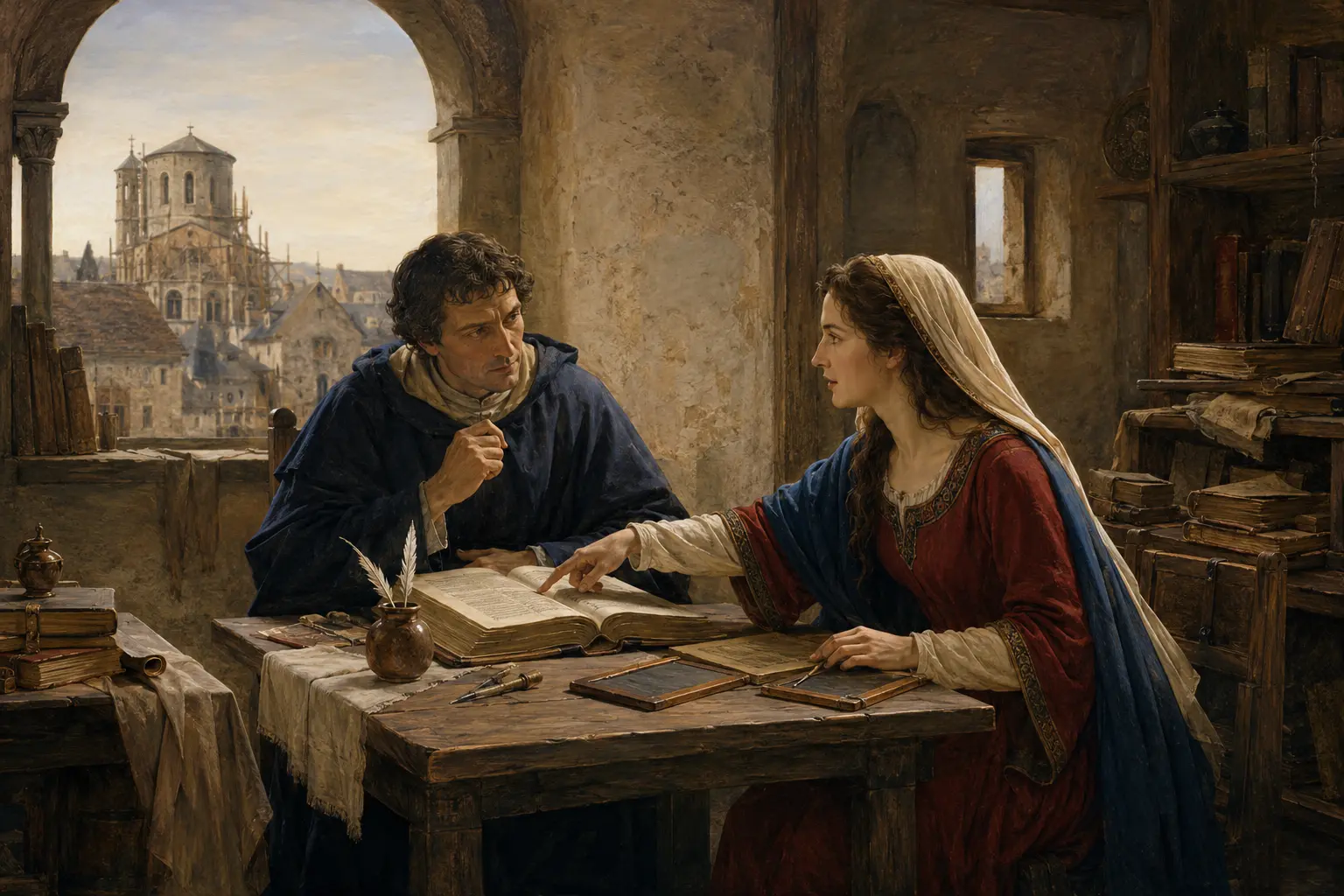 Ricostruzione artistica: Eloisa e Abelardo discutono su un codice aperto nella Parigi del primo XII secolo