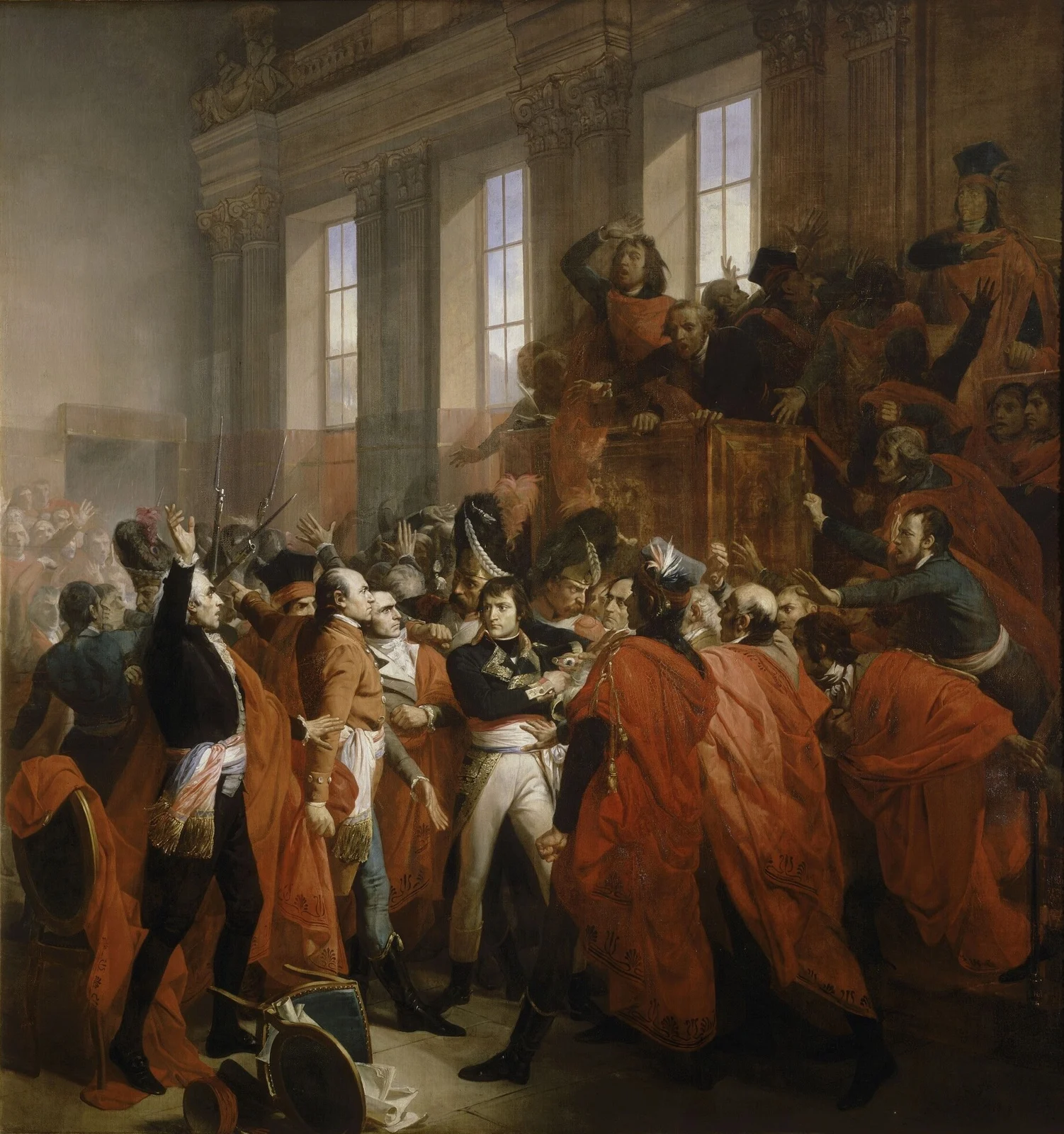 Bonaparte al centro dello scontro con i deputati, circondato da militari nel dipinto di Bouchot.