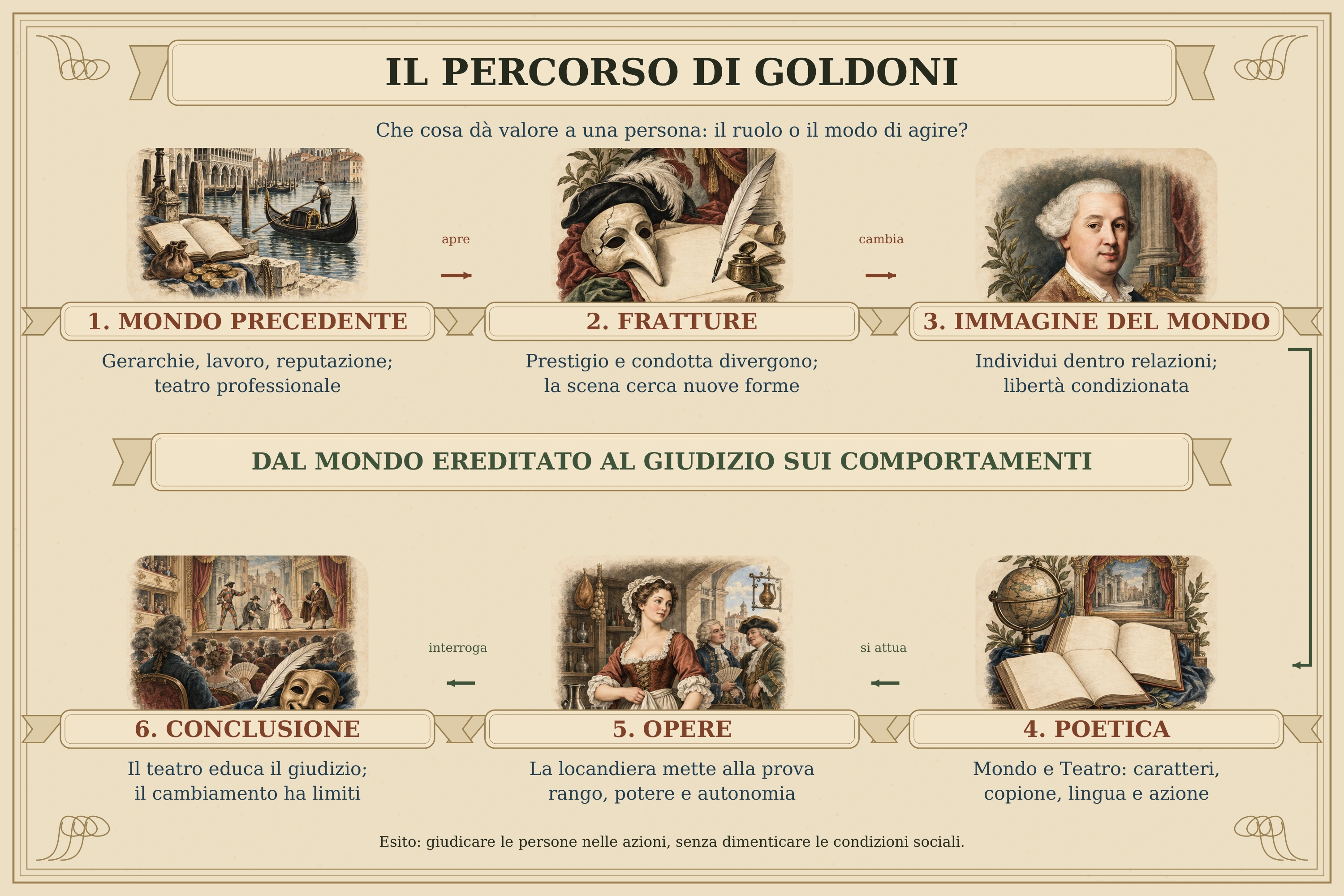 Mappa generale del percorso: mondo precedente, fratture, immagine del mondo, poetica, opere e conclusione.