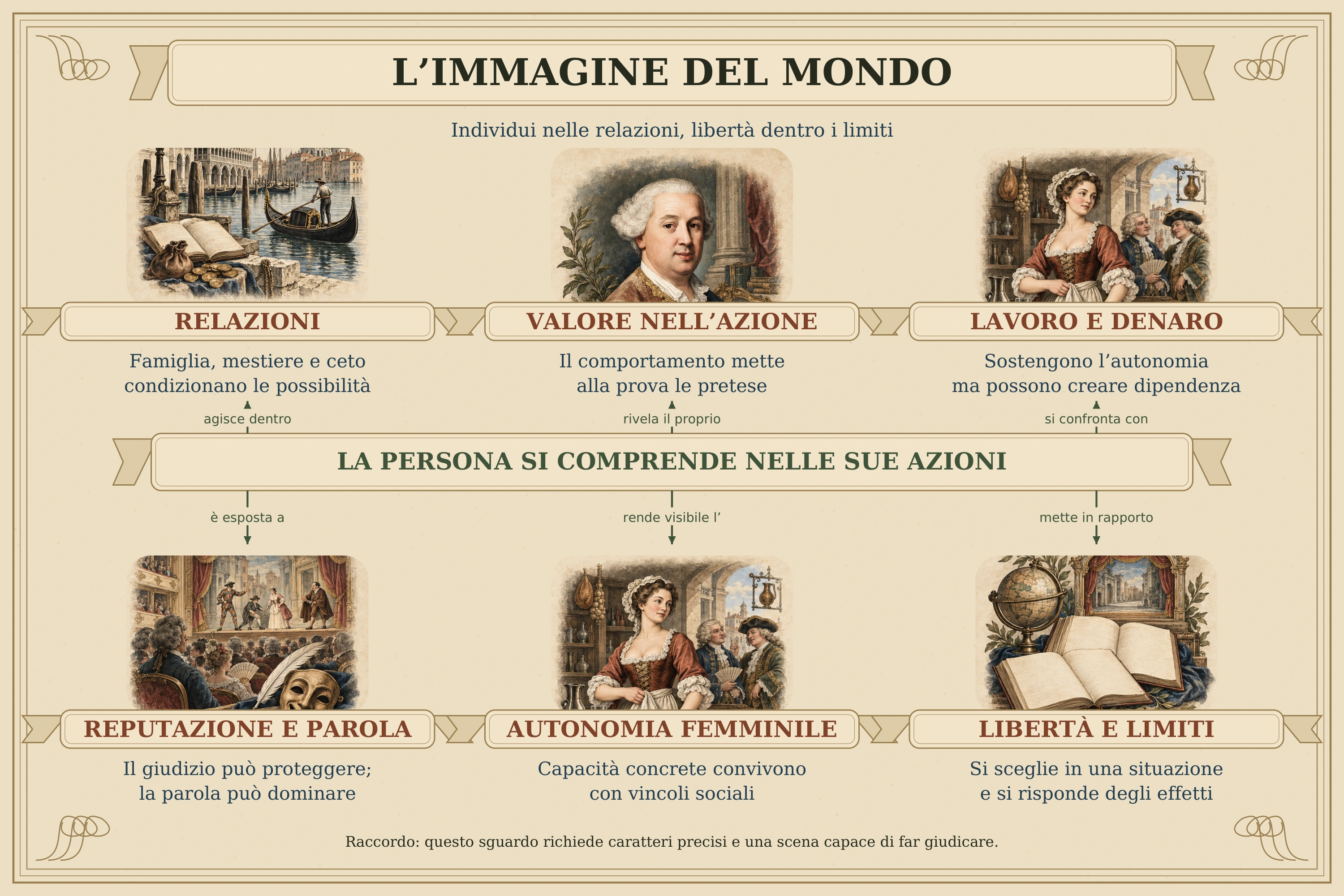 Goldoni osserva individui dentro relazioni: mestiere, famiglia e posizione sociale condizionano le possibilità di agire. Il valore viene messo alla prova dalle azioni, mentre il lavoro può sostenere autonomia senza garantire virtù. Denaro e reputazione organizzano rapporti che possono diventare dipendenze. Le donne possiedono capacità concrete, ma incontrano limiti sociali. La libertà va quindi compresa dentro una situazione e insieme alla responsabilità per le conseguenze. I finali possono ristabilire accordi senza cancellare ogni tensione. I sei nuclei della mappa sono: relazioni, valore nell’azione, lavoro e denaro, reputazione e parola, autonomia femminile, libertà e limiti. Questo sguardo richiede personaggi precisi e un teatro capace di far osservare e giudicare.