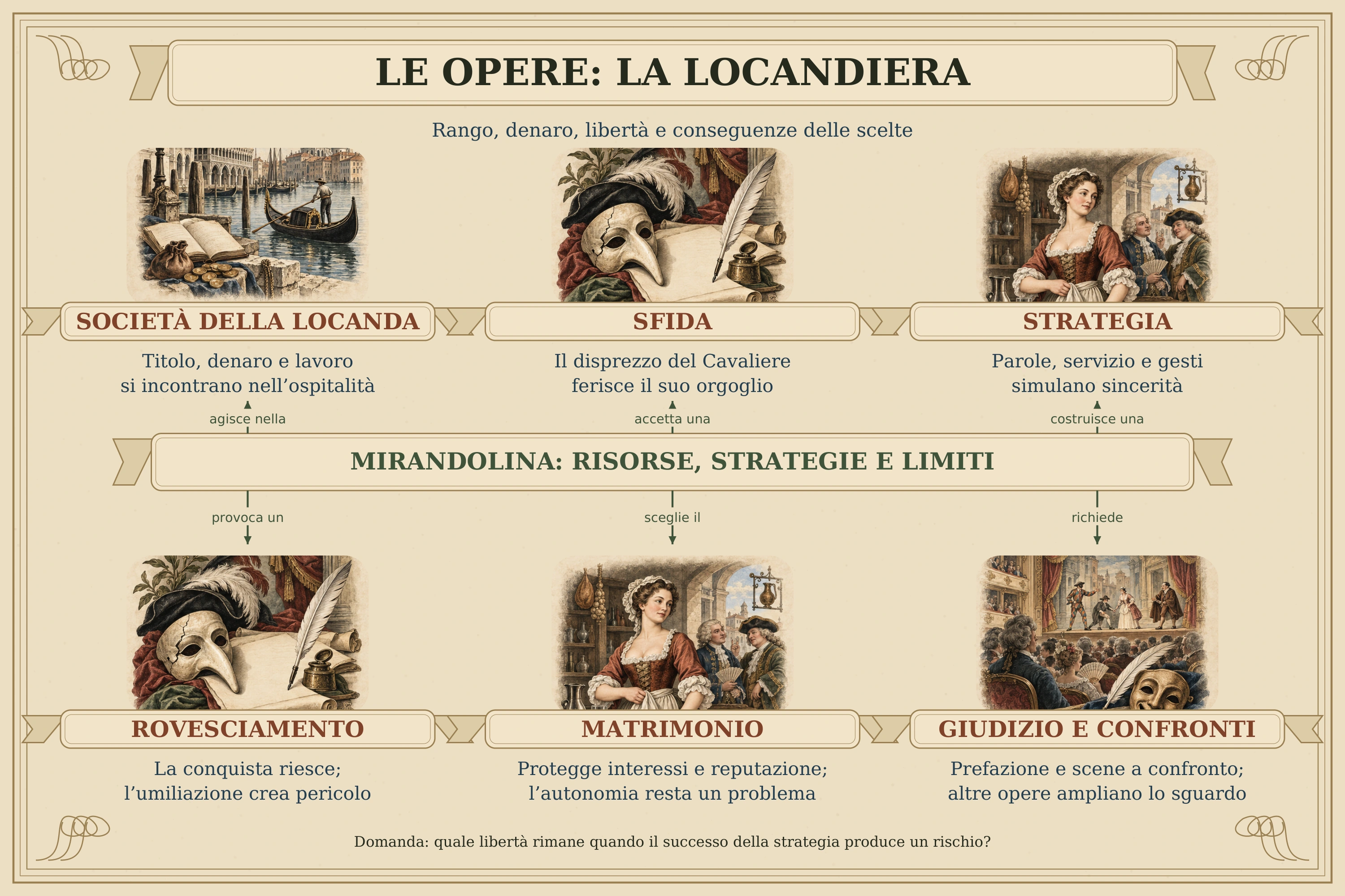 La locanda è un microcosmo nel quale il rango del Marchese, il denaro del Conte e il lavoro di Mirandolina entrano in rapporto. Il disprezzo del Cavaliere provoca una sfida: la protagonista vuole affermare il proprio potere e ottenere il riconoscimento che le viene negato. Mirandolina costruisce una recita attraverso parole, verità parziali, servizio e gesti; gli a parte permettono al pubblico di comprenderla. Il successo culmina nel coinvolgimento del Cavaliere, ma il rovesciamento e l’umiliazione producono un pericolo. Il matrimonio con Fabrizio viene scelto come protezione di interessi e reputazione, nella speranza di conservare libertà. Il finale richiede un giudizio che confronti morale dichiarata e azione. Le altre opere estendono lo sguardo a dominio familiare, apparenza e conflitti popolari. I sei nuclei della mappa sono: società della locanda, sfida, strategia, rovesciamento, matrimonio, giudizio e confronti.
