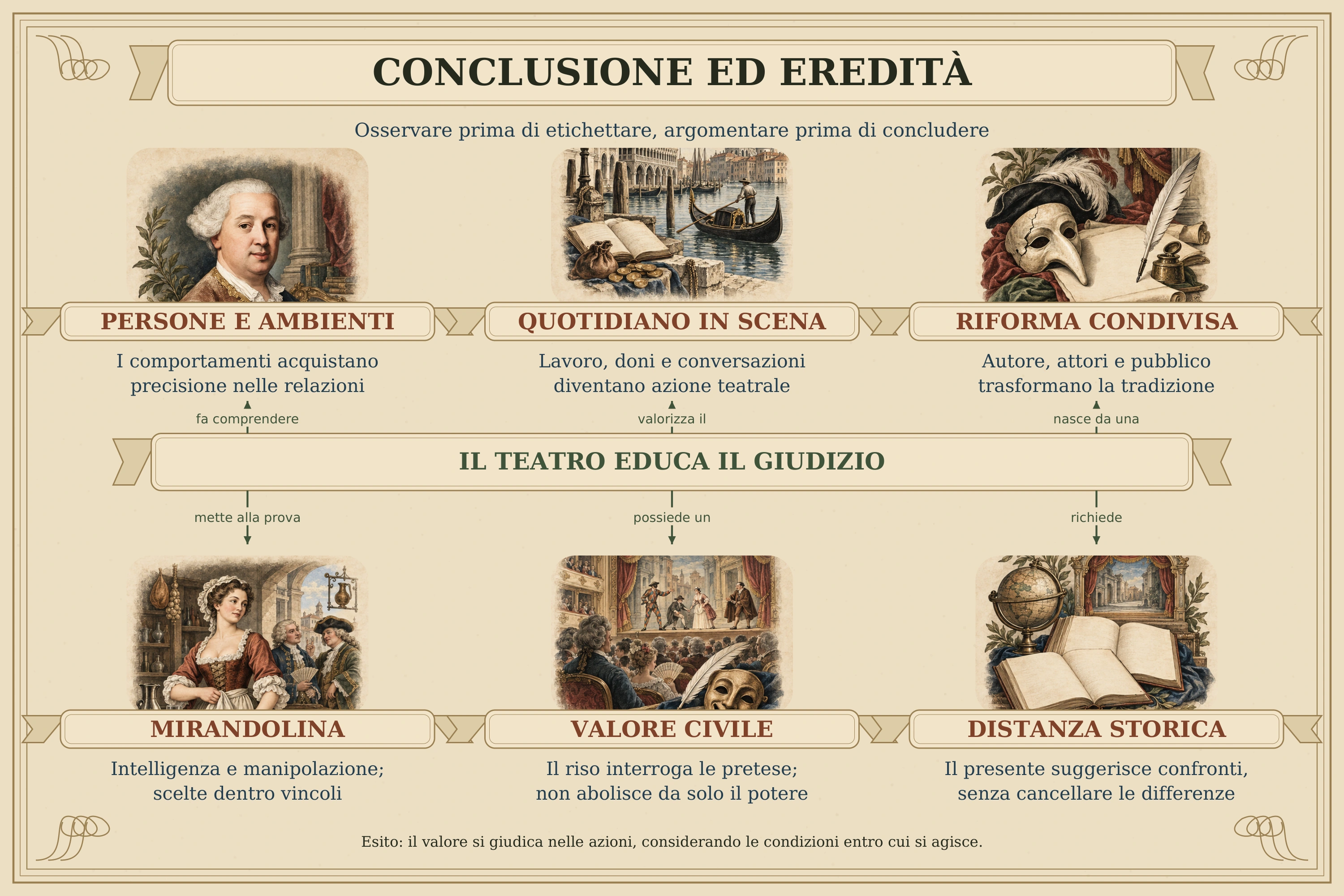Goldoni porta sulla scena persone che si definiscono nelle azioni e negli ambienti. Il quotidiano diventa materia teatrale; autore, attori e pubblico partecipano a una riforma che trasforma la tradizione. Il riso può mettere alla prova pretese e comportamenti. Mirandolina mostra insieme possibilità d’azione e limiti. La morale dichiarata dall’autore va confrontata con le scene, e ogni interpretazione deve rispondere alle prove. Il teatro può educare il giudizio senza cancellare da solo i rapporti di potere. I sei nuclei della mappa sono: persone e ambienti, quotidiano in scena, riforma condivisa, giudizio su Mirandolina, valore civile, distanza storica. L’eredità del percorso è imparare a osservare prima di etichettare e ad argomentare prima di concludere.